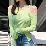 Off Shoulder Long Sleeve White Black Ladies T shirt 2021 Summer Fashion Casual Solid Tops Women Thin T-shirt See