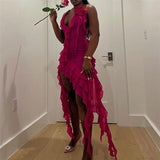 Halter Fringe Flower Mesh Midi Dress-Outfit