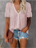 Blouse Women 2022 Fashion Patchwork V Neck Office Work Lady Shirts Plus Size Streetwear Casual Short Sleeve Chiffon
