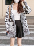 Women Sweater Black White Tassels Patchwork Cardigan Tops Autumn 2023 New Loose Full Sleeve V-Neck Vintage Knitwear