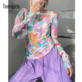 Japanese Style Y2k Aesthetic Mesh Tops See Through Translucent Long Sleeve T Shirts Women Tie Dye Art Print
