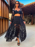 Black Lace Skirt Two Piece Set Long Sleeve V-neck Super Short Top High Waist See Through Skirt Suit Summer Beach Style