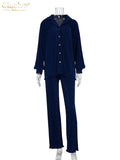 Casual High Wasit Pants Set Women Autumn Long Sleeve Blouses Matching Wide Trousers Suit Green Pleated 2 Piece Pant