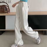 White Loose High Waist Wide Leg Pants Women's Jeans New Pockets Full Length Long Mopping Pants Female Casual Vaqueros