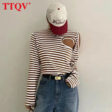Fashion Black Striped T Shirt Women 2022 Autumn Casual Long Sleeve Hollow Out T-shirt Elegant Slim O-neck Female