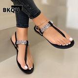 women summer shoes 2022 fashion rhinestone sandals women's one word plus size flat beach sandals