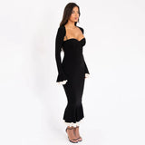 Solid Long Flared Two-piece Crop Sleeve Midi Dress- Outfit