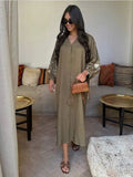 V Neck Casual Loose Midi Dress For Women Elegant Floral Print Lantern Sleeve Button Vestido new Chic Female Holiday