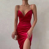Women Sleeveless Backless Solid Bodycon Evening Party Dresses 2022 Female Slim Fit V-neck Velvet Split Midi Prom