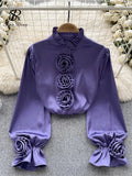 Women High Quality Blouse 2023 Half High Collar Long Sleeves Loose Tops Fashion Korean Style Elegant 3D Floral