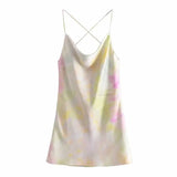 Summer Slip Dress Women 2023 Tie Dye Satin Short Woman Dresses Strappy Sexy Backless Strap Mini Dress Club Party