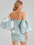 Off Shoulder Puff Sleeves Mini Slim Dress Women V Neck Strapless Lantern Sleeve Mini Dress Celebrity Party Club Satin