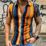 Mens Shirt Summer Streetwear Casual Short Sleeve Turn-down Collar Button Shirts Men Vintage Striped Print Cardigan