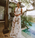 2022 Summer Women Sexy Long Dress Transparent White Lace Backless Sleeveless Maxi Tunic Beach