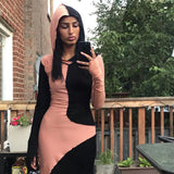 Long Sleeve Hooded Patchwork Skinny Maxi Dress Autumn Winter Women Fashion Streetwear Casual