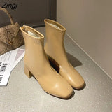 Brand Women Beige 7cm Block High Heels Ankle Boots 2023 Winter Female Square Toe Chelsea Boots High Quality Short