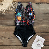 In The Forest One-piece Swimsuit Women Deep V neck Back Cutout Ruffle Monokini 2021 Summer Bathing Suit Swimwear