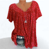 Summer V-neck Digital Printing Loose Short-sleeved Printed T-shirt
