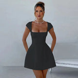 Square Neck Short Sleeve Fitted Mini Dress-Outfit