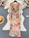 Autumn Mesh Sexy Long Dress Lady Square Neck Halter Slim Streetwear Long Sleeves Fashion Lace up Print Bodycon