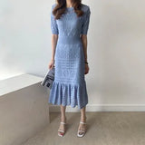Hollow Out Women Knit Short Sleeve High Waist Bandage With Vest Midi Female Fashion Chic