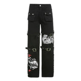 Emo Punk Lace Up Baggy Jeans Women 90S Goth Black Pants Streetwear Pockets Patchwork Wide Leg Cargo Jeans Low Waist