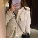 New Fashion Korean Chic Vintage Tweed Woolen Jacket Coat Women Autumn Single Breasted Plaid Tassel Office Lady