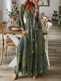 Zingj Bohemian Horn Sleeve Print V-Neck High-Waist Holiday Dress Floral Dress-Outfit