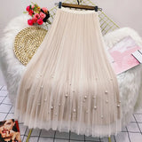 Both Sides Wear Pearls Mesh Skirt Women 2025 Summer Velvet High Waist Long Skirts Woman Solid Color A Line Pleated Skirts 211-1-Outfit