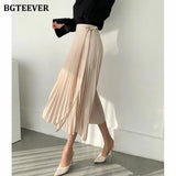 Elegant High Waist Lace-up Women Pleated Skirts 2021 Summer Loose One-piece Female Midi