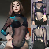 Shining Long Sleeve Bodysuit Mesh Fishnet Jumpsuit Women Goth Gothic Sexy Body Femme Shirt Top Transparent Blouse