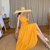 Zingj Photo Beach Dress 2023 New Female Summer Super Fairy Yellow Backless Dress Seaside Holiday Dress Elegant Big
