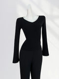 Zingj Temperament Commuter Black V Neck Nail Bead Sweater Women's New Early Spring Horn Sleeve Slim Long Sleeve