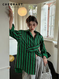 Spring 2022 Green Striped Oversized Shirt For Women Fashion Long Sleeve Top Button Up Cotton Grey Shirt Korean