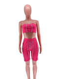 Color Women 2 Piece Set Off Shoulder Sleeveless Crop Top High Waist Bandage Biker Shorts 2022 Summer New Workout