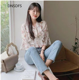 Shirts Korean Ladies Fashion Ruffle Half Sleeve Chiffon Shirt Simple Bow Tie Floral Print Blouse Women Tops Blusas