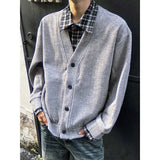 And Winter Wearing Black Ash Splicing Colliding College Style Cardigan Sweater Over The Couple Niche Oversize Knitwear