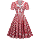 Vintage Scottish Plaid Party Dress Women Autumn Short Sleeve Bow Collar Belt Button A line Casual Swing Dresses