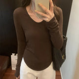 Pleated Waist Bottomed T-Shirt Women's New Hair-Grabbing Multicolor Shoulder Long-Sleeved T-Shirt In Autumn And