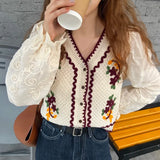 Women Embroidery Vintage Leisure V-neck Design Student Fashion Harakuju Kawaii Popular Retro Tops Korean Style