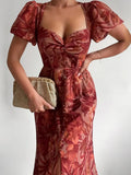 Floral Print Split Waist A-Line Dress Fashion Square Collar Women Mini Dress Elegant Puff Sleeve Loose Party Long