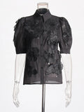 Temperament Elegant Wind Shirt 2025 Autumn New Nail Bead Three-Dimensional Flower Perspective Shirt Short-Sleeved Jacket
