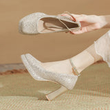 Zingj Thick With Explosive Flash Show He Wedding Dress Two Wear Not Tired Foot Wedding Shoes Square Head Beautiful Crystal Shoes Waterproof Platform High