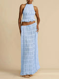 Halterneck Ruched Open Back Tie Up Top And Maxi Skirt Set-Outfit