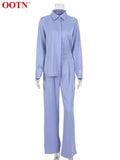 Blue Satin Home Wear Suit Spring Brown Long Sleeve 2 Piece Top And Pants Women Sets Loose Casual Solid Ladies Trousers