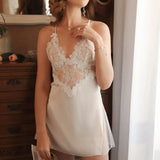 Sexy Nightdress Deep V Lace Sleepwear Women Lingerie Silk Satin nightie Nightgown Sleeveless Sling Nightwear Home