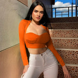 Women Long Sleeve Round Neck T-Shirt Skinny Tops Chest Cut Out Sexy Black Crop Top Autumn Tee Shirt Cropped