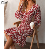PETAL Plunge Neck Midi Dress For Woman Red Floral Sexy Long Sleeve Bodycon Smocked Dress 2023 Summer Female