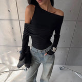 Black Asymmetrical Cut Out Off Shoulder Long Sleeve Top- Outfit