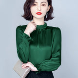 Spring 2025 New Pressure Pleated Wood Ear Shirt Female Satin Foreign Style Small Shirt Gentle Wind Bubble Sleeve
